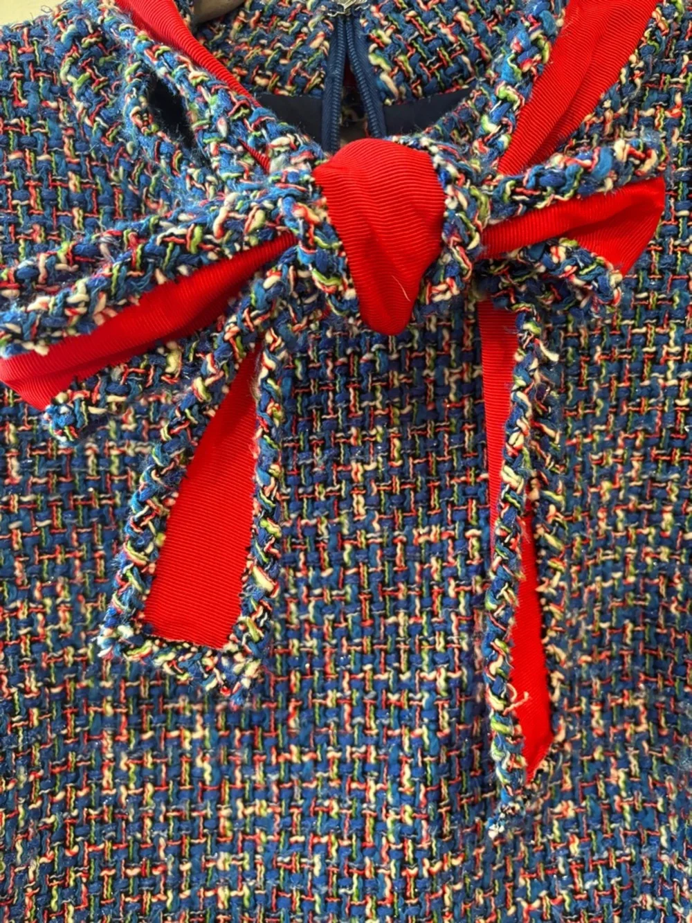 J Crew Blue Tweed Tie-neck Tank Dress in Autumn Tweed with Red Neck Tie Bow 10P